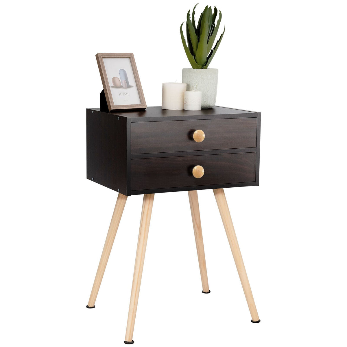 Mid Century Modern 2 Drawers Nightstand in Natural-Brown-Nightstands-DECOROLALA