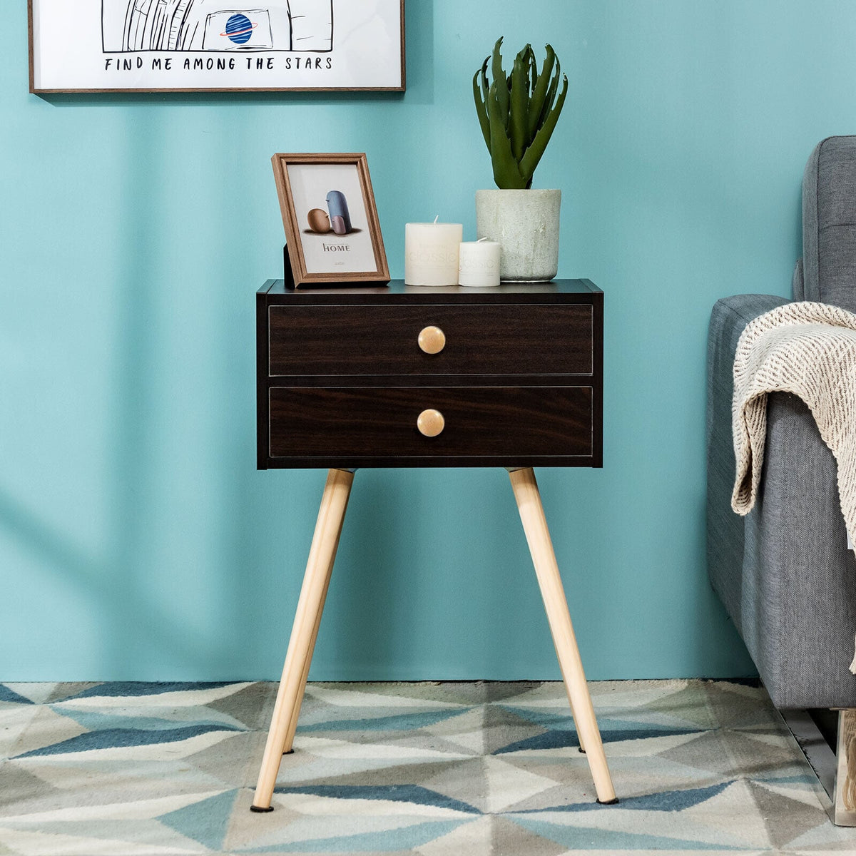 Mid Century Modern 2 Drawers Nightstand in Natural-Brown-Nightstands-DECOROLALA