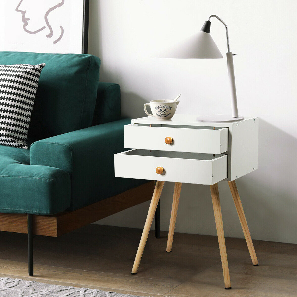 Mid Century Modern 2 Drawers Nightstand in Natural-White-Nightstands-DECOROLALA