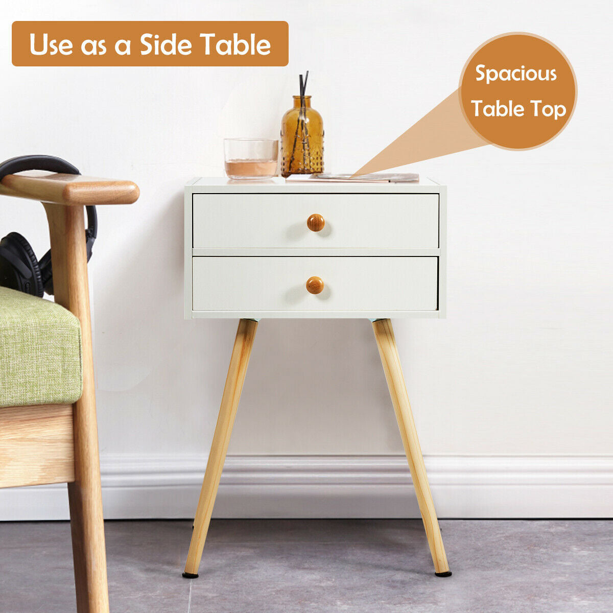 Mid Century Modern 2 Drawers Nightstand in Natural-White-Nightstands-DECOROLALA