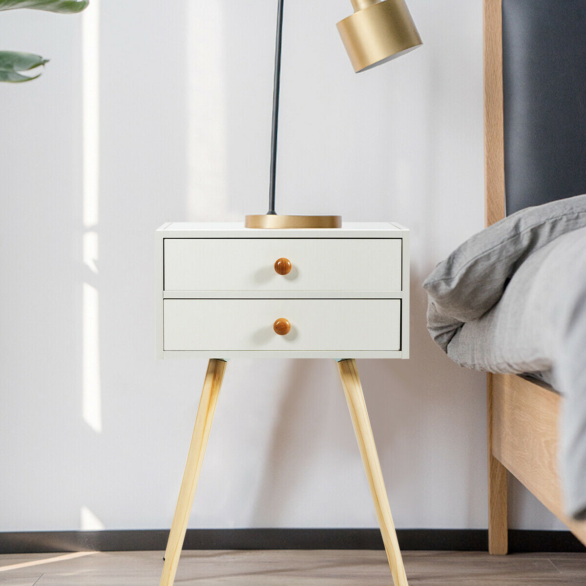 Mid Century Modern 2 Drawers Nightstand in Natural-White-Nightstands-DECOROLALA