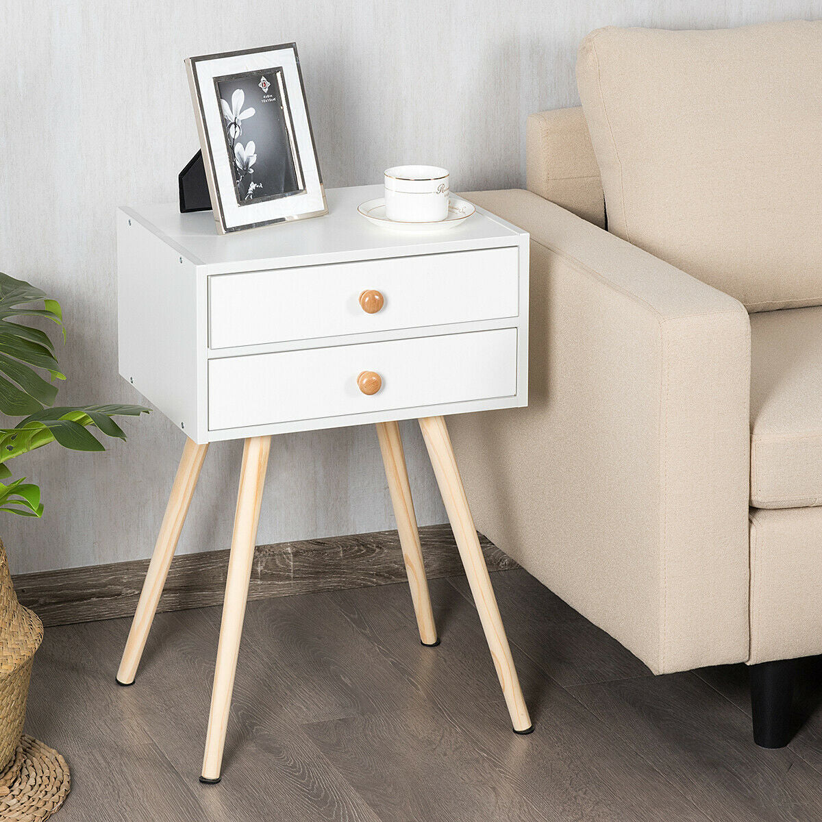 Mid Century Modern 2 Drawers Nightstand in Natural-White-Nightstands-DECOROLALA