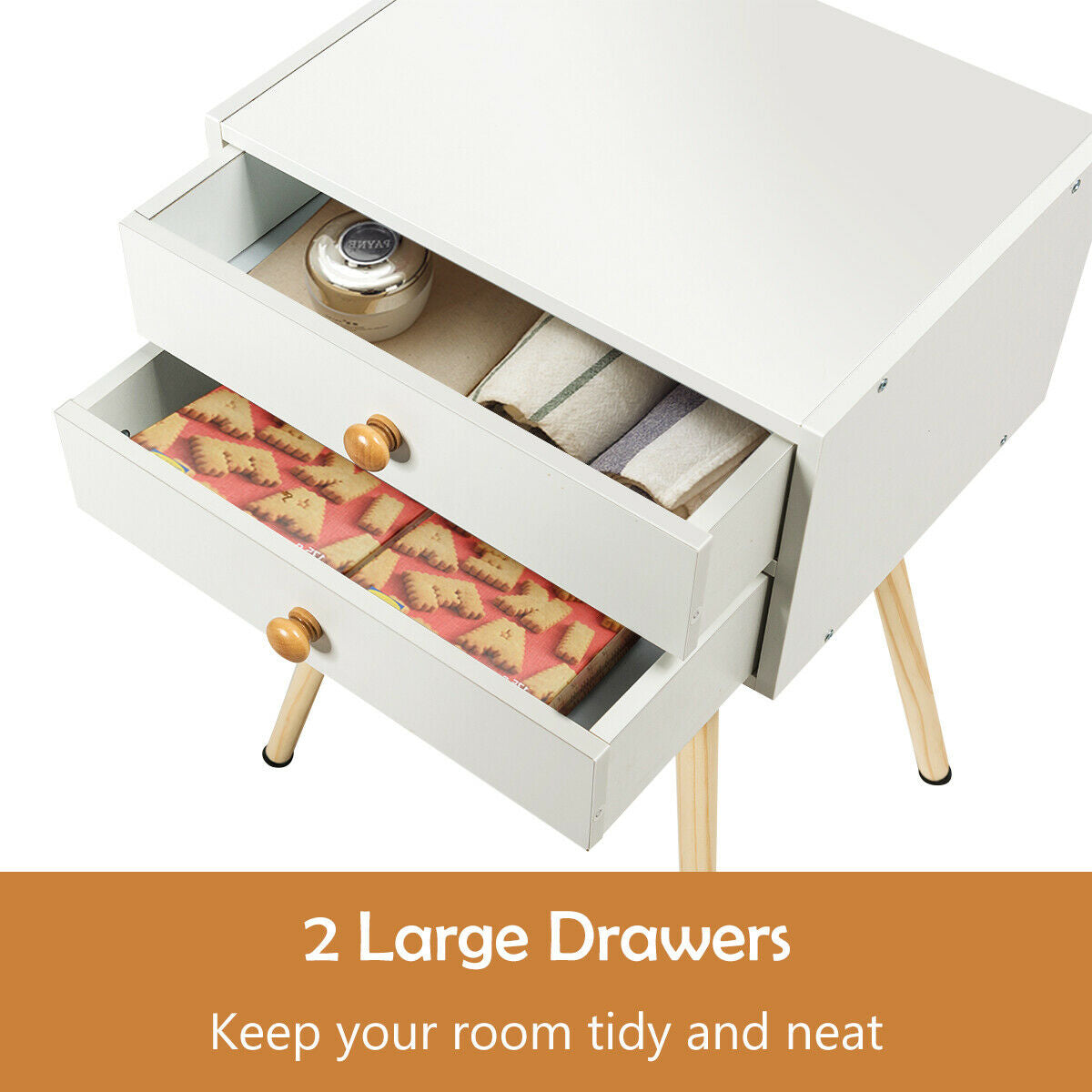 Mid Century Modern 2 Drawers Nightstand in Natural-White-Nightstands-DECOROLALA