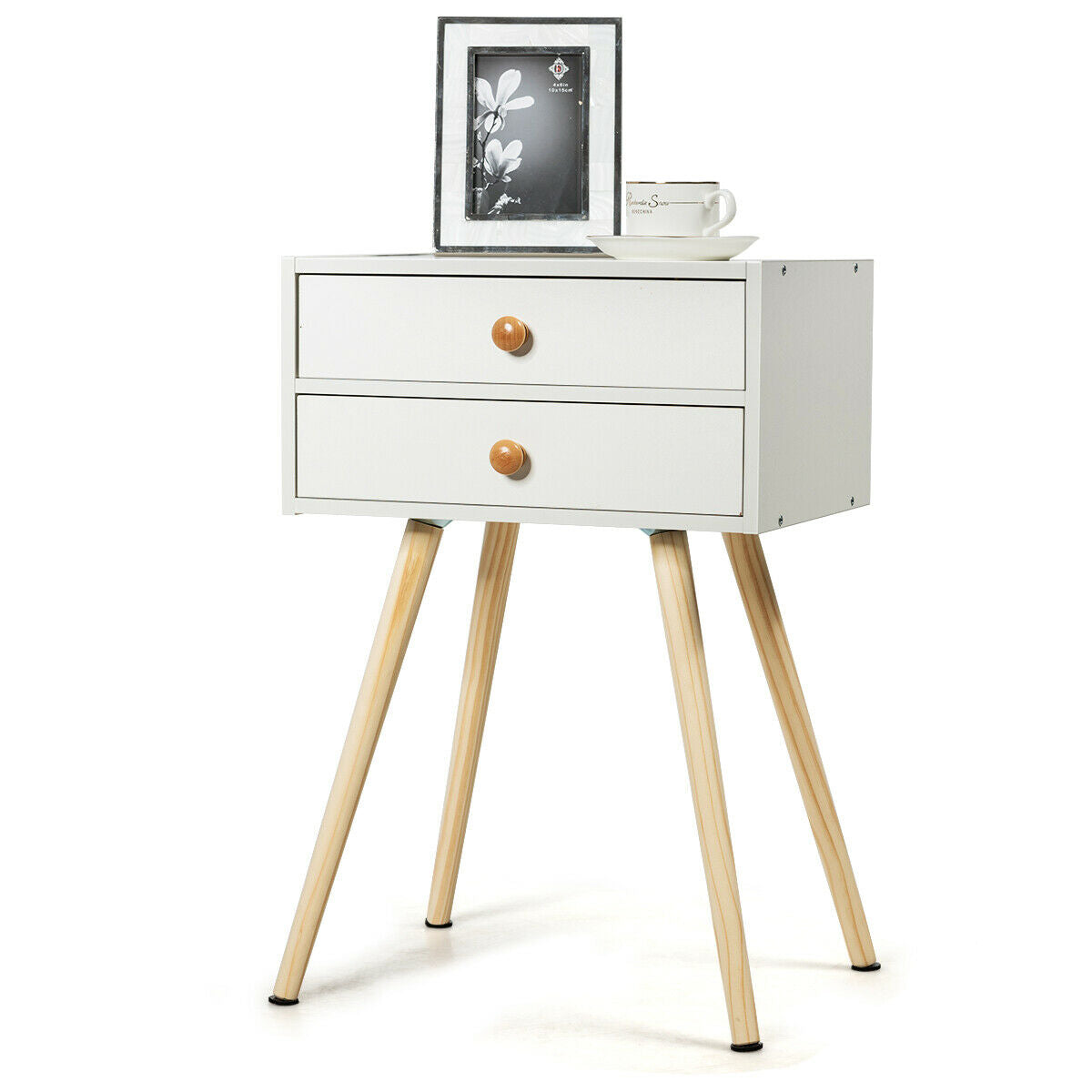 Mid Century Modern 2 Drawers Nightstand in Natural-White-Nightstands-DECOROLALA