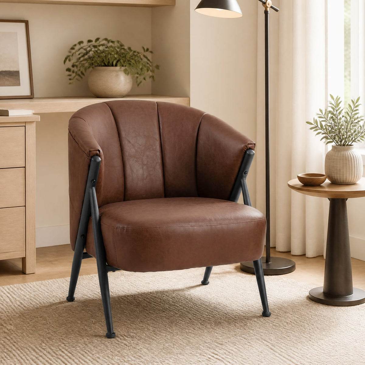 Mid Century Modern Accent Chair with Curved Backrest and Wide Seat Comfy Armchair-Brown-Accent Chairs-DECOROLALA