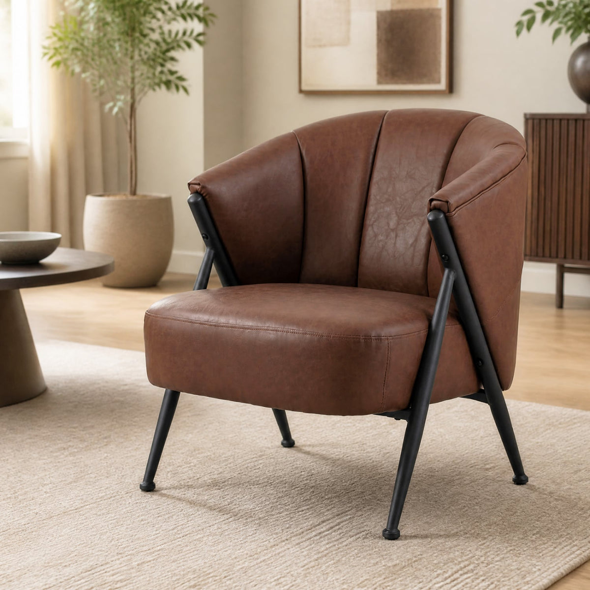 Mid Century Modern Accent Chair with Curved Backrest and Wide Seat Comfy Armchair-Brown-Accent Chairs-DECOROLALA