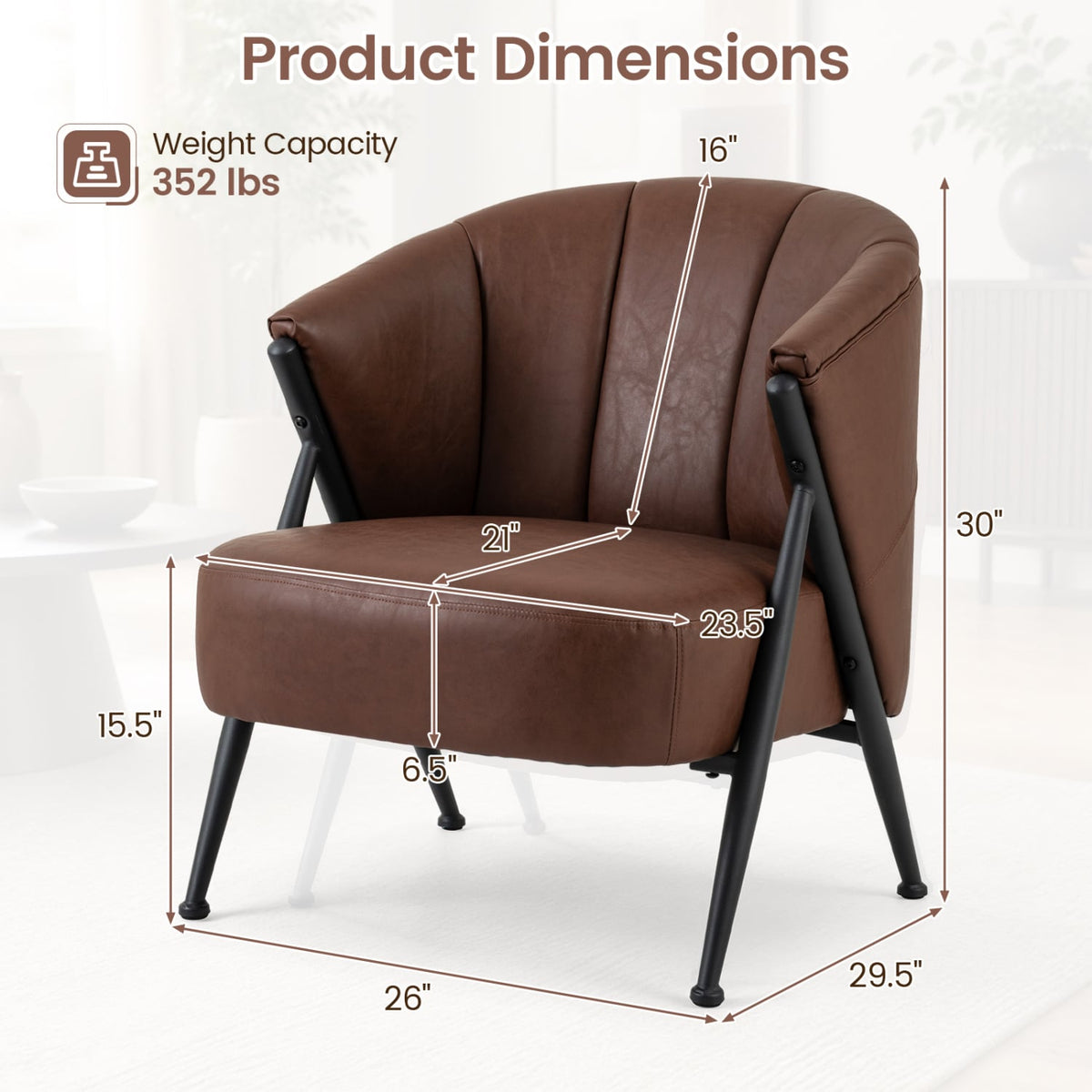 Mid Century Modern Accent Chair with Curved Backrest and Wide Seat Comfy Armchair-Brown-Accent Chairs-DECOROLALA