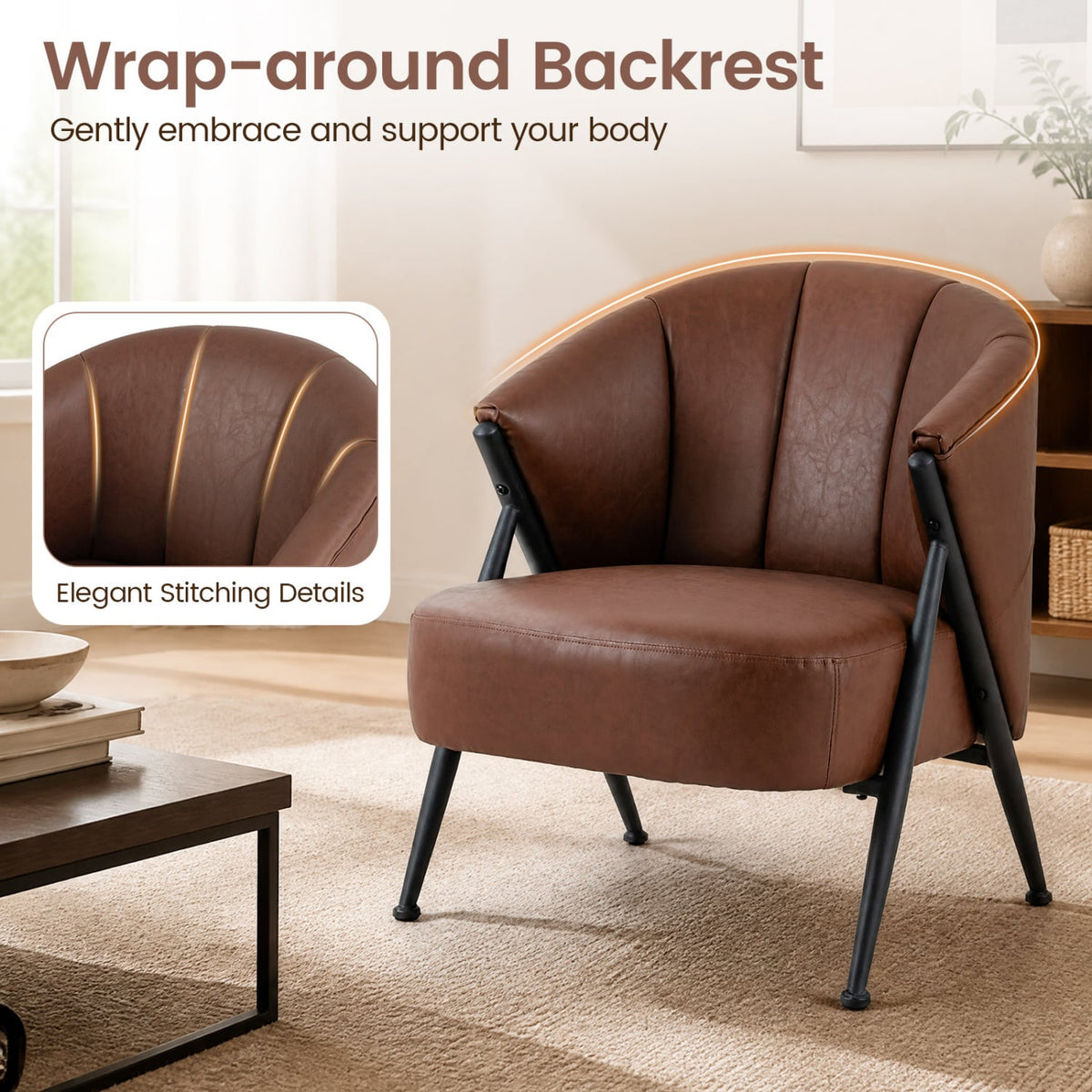 Mid Century Modern Accent Chair with Curved Backrest and Wide Seat Comfy Armchair-Brown-Accent Chairs-DECOROLALA