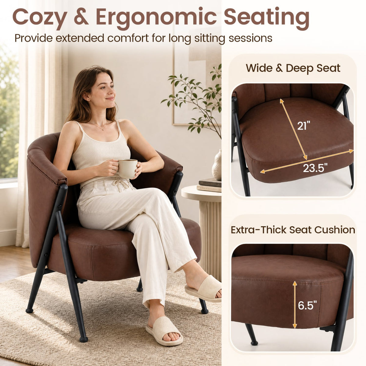 Mid Century Modern Accent Chair with Curved Backrest and Wide Seat Comfy Armchair-Brown-Accent Chairs-DECOROLALA