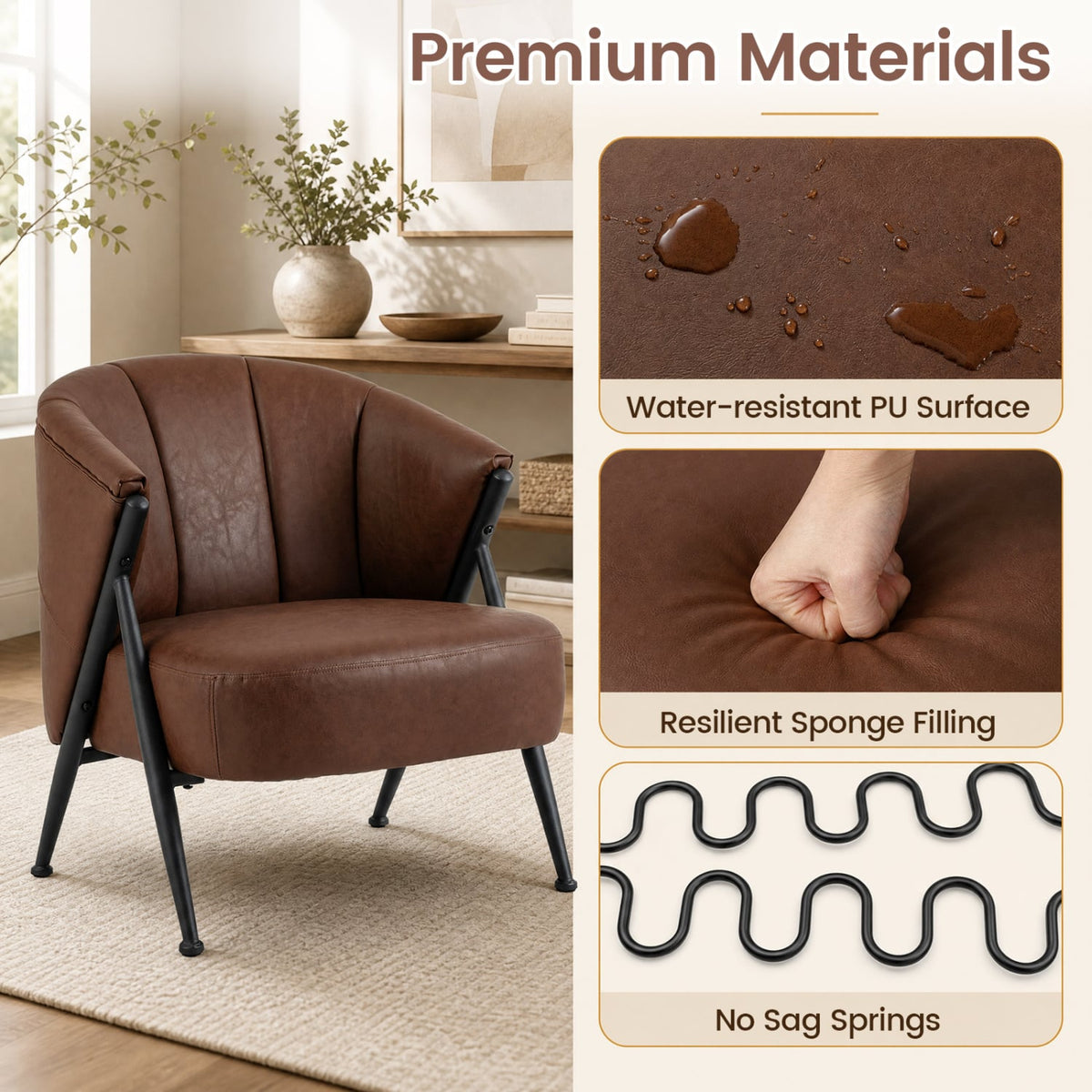 Mid Century Modern Accent Chair with Curved Backrest and Wide Seat Comfy Armchair-Brown-Accent Chairs-DECOROLALA