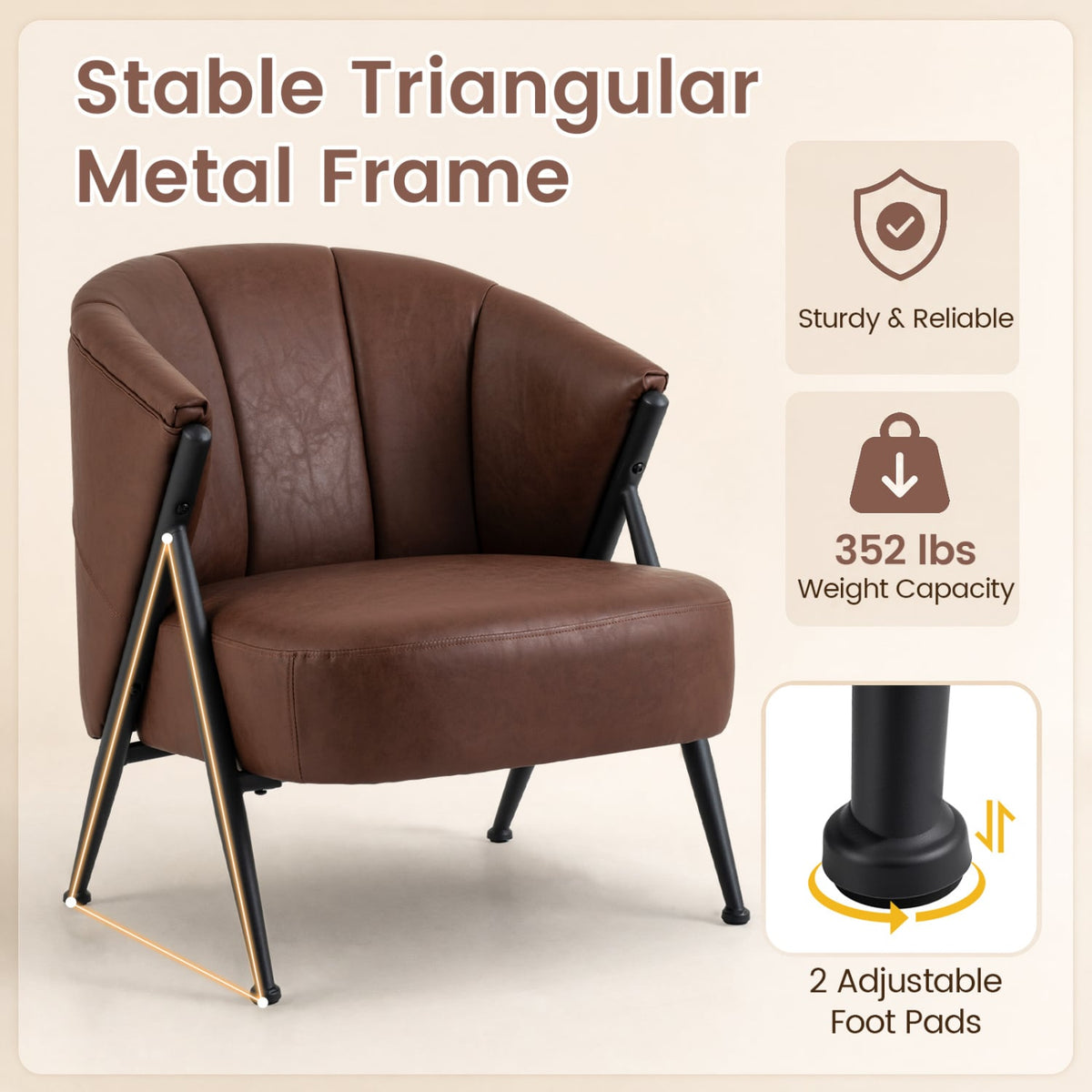 Mid Century Modern Accent Chair with Curved Backrest and Wide Seat Comfy Armchair-Brown-Accent Chairs-DECOROLALA