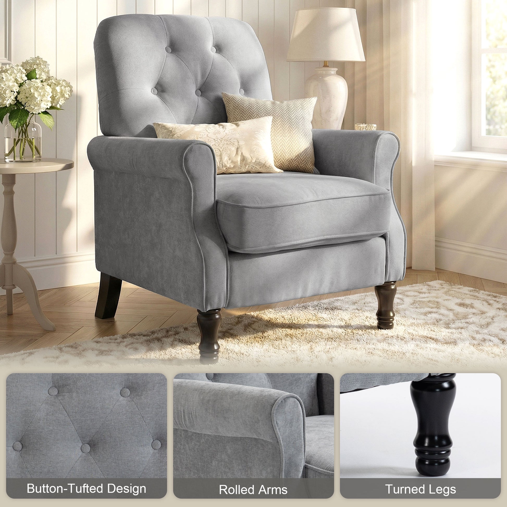 Mid-Century Modern Armchair - Grey Linen-DECOROLALA