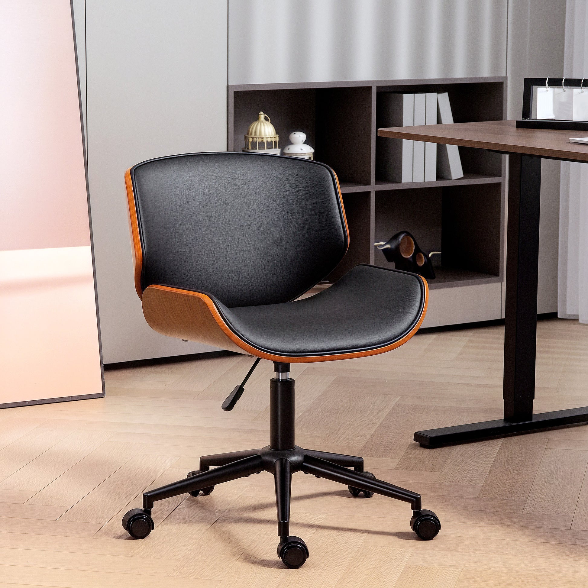 Mid-Century Modern Armless Office Chair - Black/Walnut-Office Products > Office Furniture > Office Chairs > Task Chairs-DECOROLALA