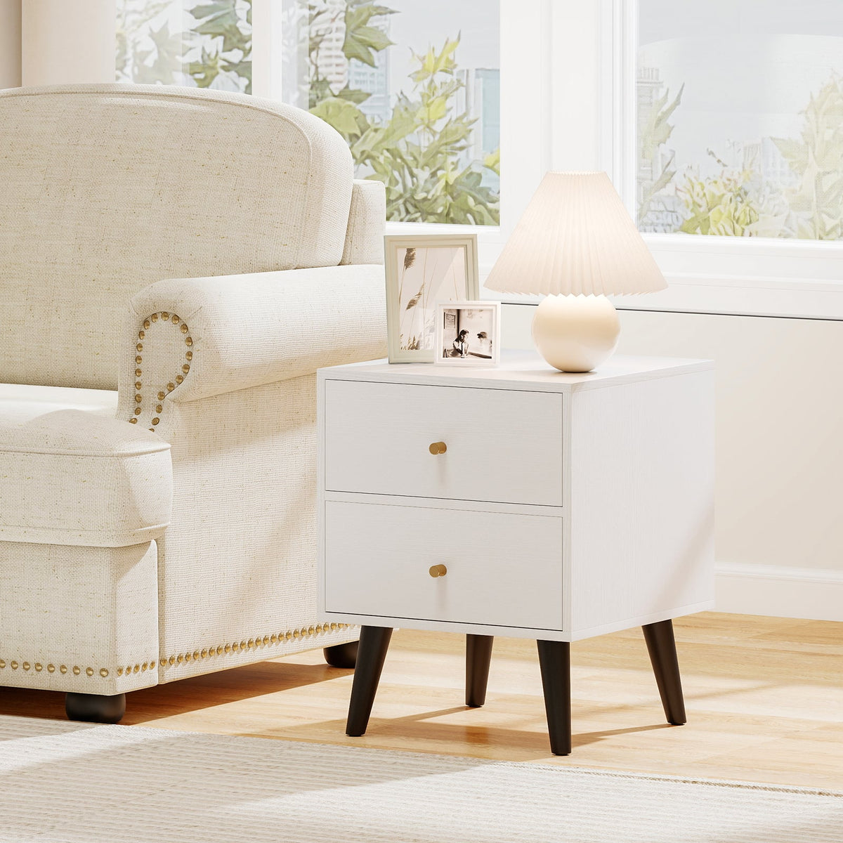 Mid Century Modern Bedside Table Nightstand with Golden Knobs and Raised Support Legs-White-Nightstands-DECOROLALA