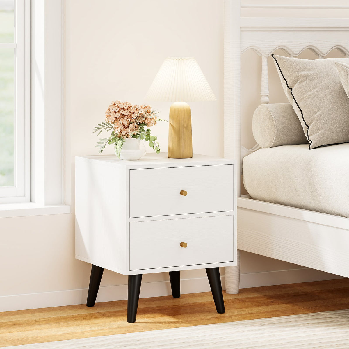 Mid Century Modern Bedside Table Nightstand with Golden Knobs and Raised Support Legs-White-Nightstands-DECOROLALA