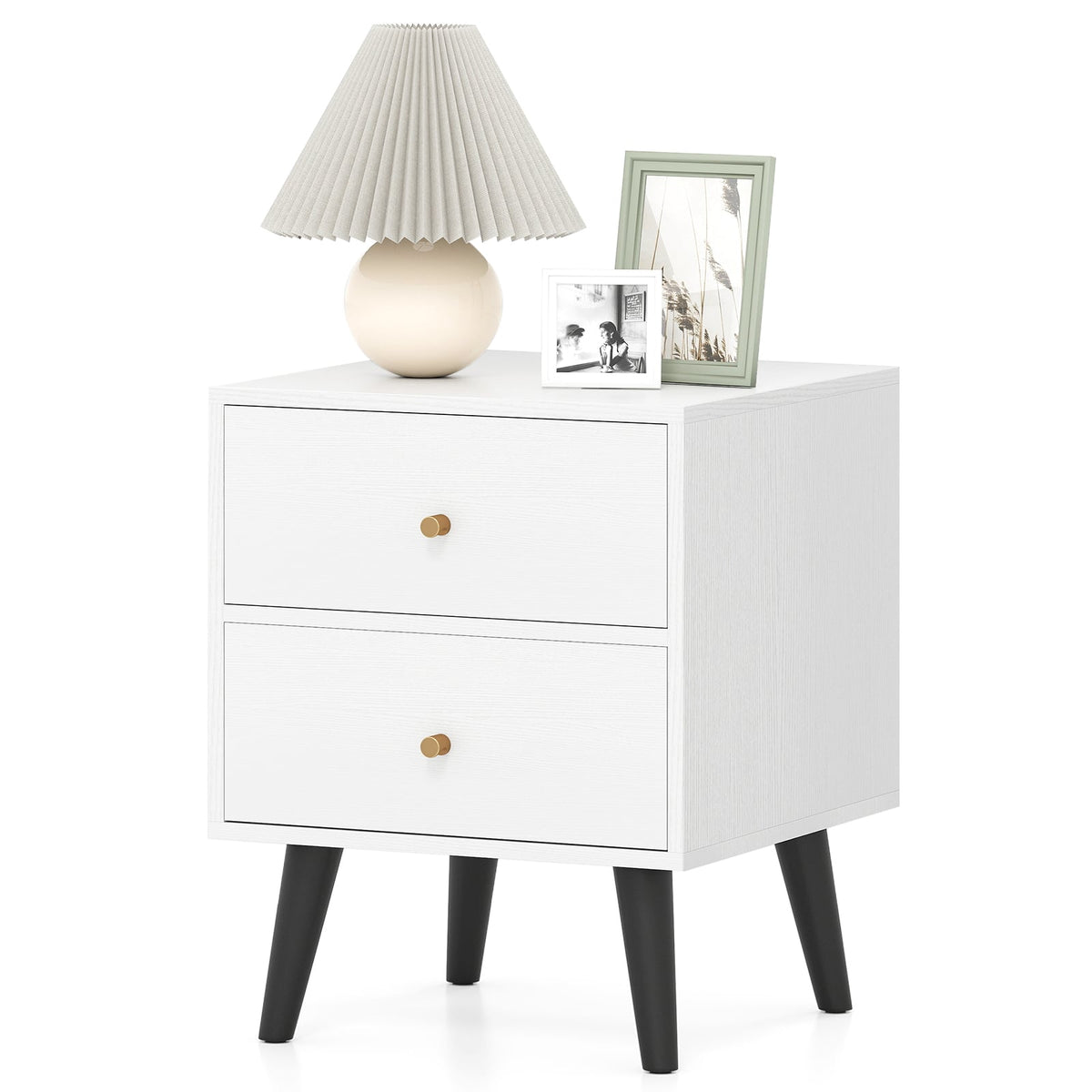 Mid Century Modern Bedside Table Nightstand with Golden Knobs and Raised Support Legs-White-Nightstands-DECOROLALA