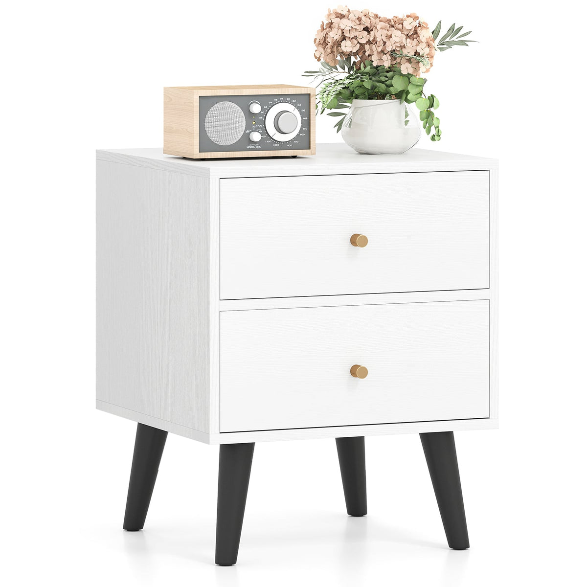 Mid Century Modern Bedside Table Nightstand with Golden Knobs and Raised Support Legs-White-Nightstands-DECOROLALA