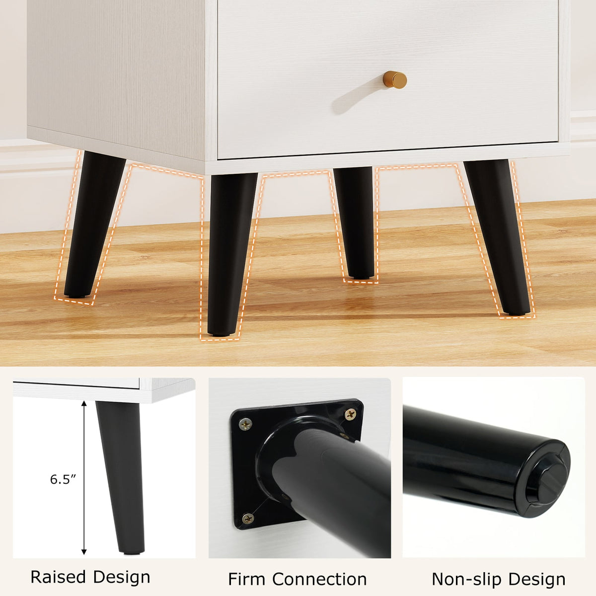 Mid Century Modern Bedside Table Nightstand with Golden Knobs and Raised Support Legs-White-Nightstands-DECOROLALA