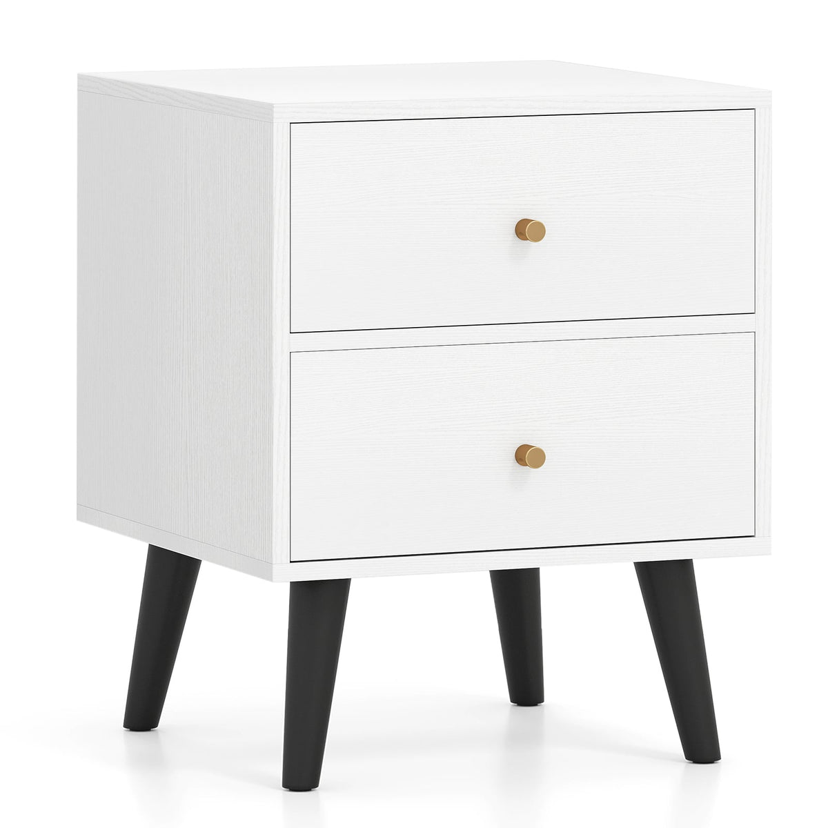 Mid Century Modern Bedside Table Nightstand with Golden Knobs and Raised Support Legs-White-Nightstands-DECOROLALA