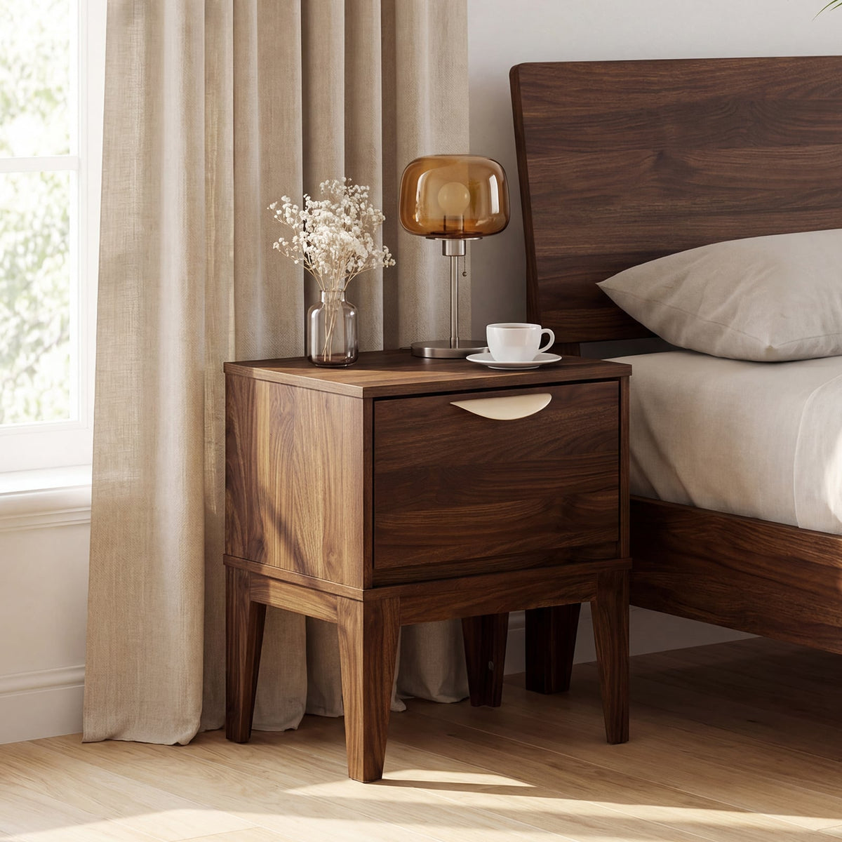 Mid Century Modern Bedside Table with Drawer and Tapered Support Feet for Bedroom-Walnut-Nightstands-DECOROLALA