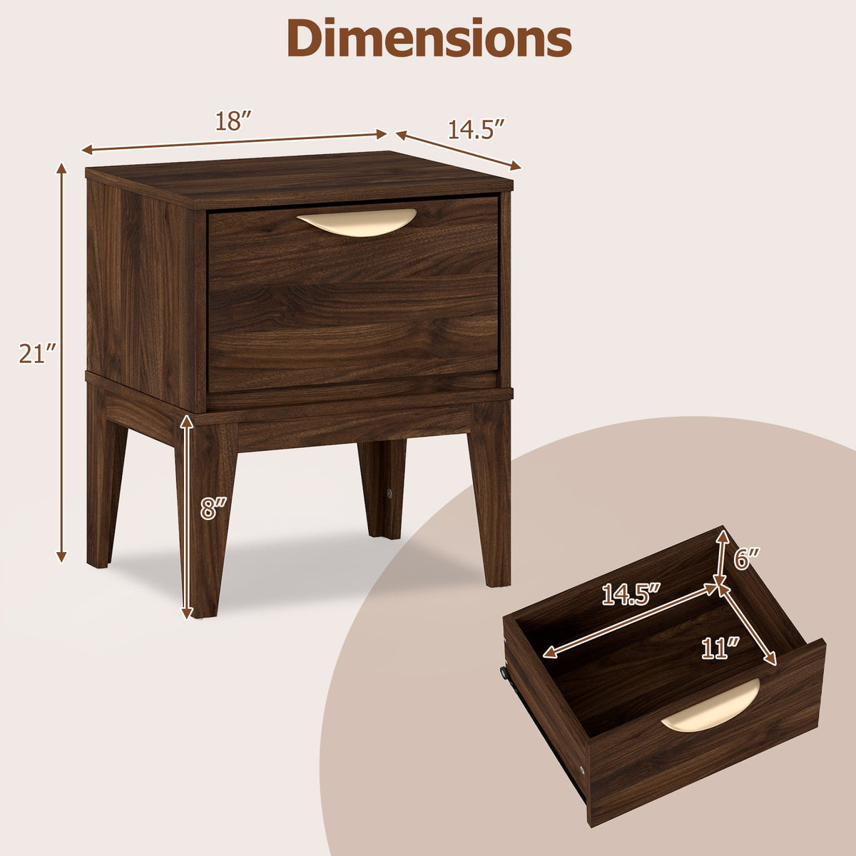 Mid Century Modern Bedside Table with Drawer and Tapered Support Feet for Bedroom-Walnut-Nightstands-DECOROLALA