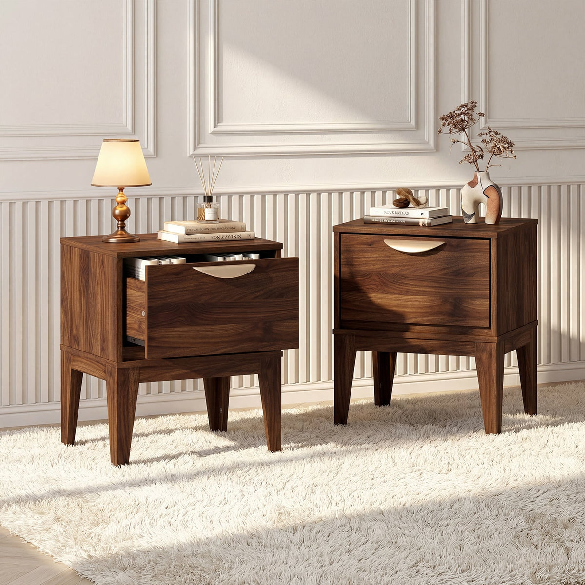 Mid Century Modern Bedside Table with Drawer and Tapered Support Feet for Bedroom-Walnut-Nightstands-DECOROLALA
