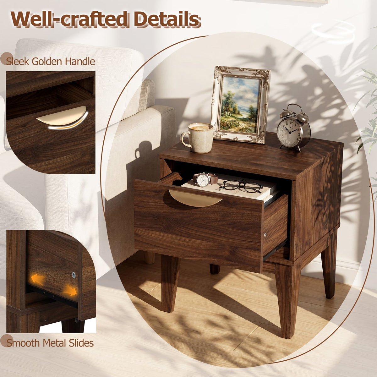 Mid Century Modern Bedside Table with Drawer and Tapered Support Feet for Bedroom-Walnut-Nightstands-DECOROLALA