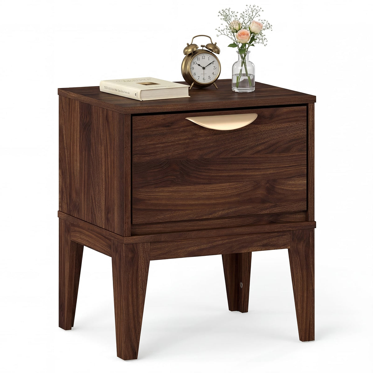 Mid Century Modern Bedside Table with Drawer and Tapered Support Feet for Bedroom-Walnut-Nightstands-DECOROLALA