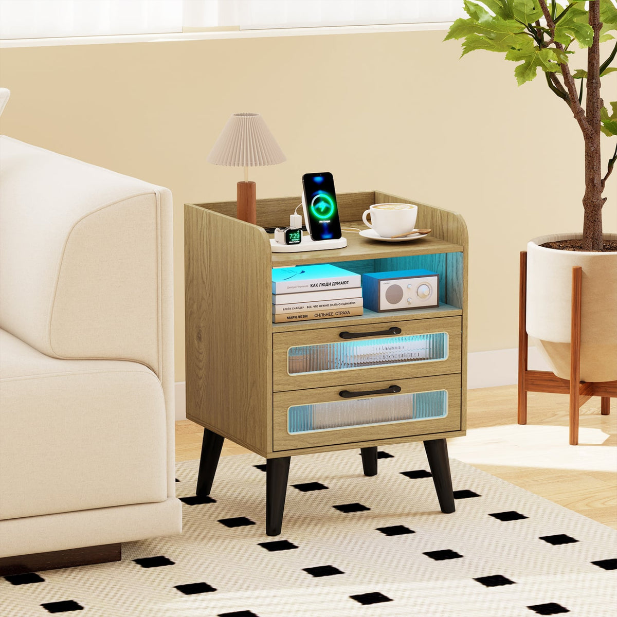 Mid Century Modern Nightstand with Charging Station and LED Lights-Natural-Nightstands-DECOROLALA