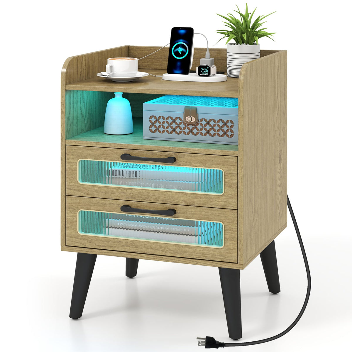Mid Century Modern Nightstand with Charging Station and LED Lights-Natural-Nightstands-DECOROLALA