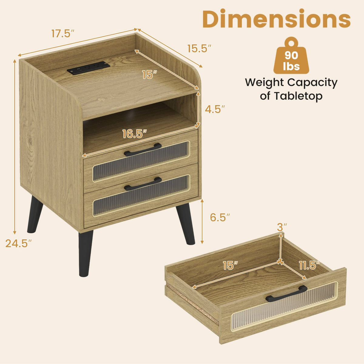 Mid Century Modern Nightstand with Charging Station and LED Lights-Natural-Nightstands-DECOROLALA