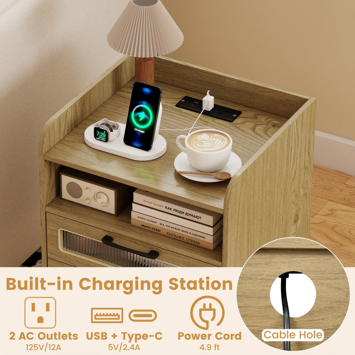 Mid Century Modern Nightstand with Charging Station and LED Lights-Natural-Nightstands-DECOROLALA