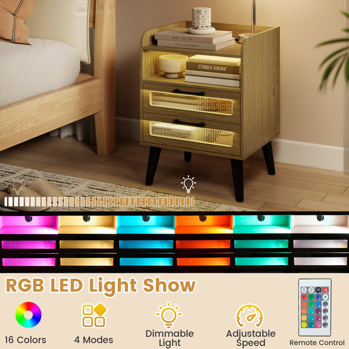 Mid Century Modern Nightstand with Charging Station and LED Lights-Natural-Nightstands-DECOROLALA