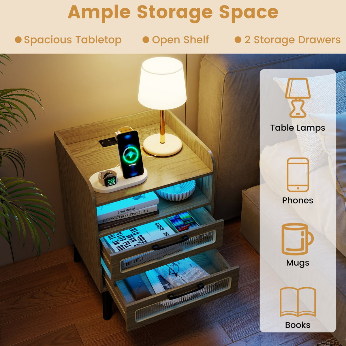 Mid Century Modern Nightstand with Charging Station and LED Lights-Natural-Nightstands-DECOROLALA