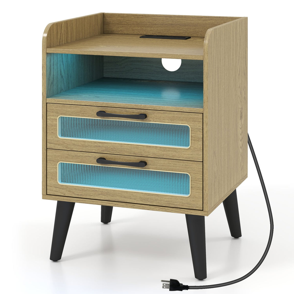 Mid Century Modern Nightstand with Charging Station and LED Lights-Natural-Nightstands-DECOROLALA