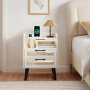 Mid Century Modern Nightstand with Charging Station and LED Lights-White-Nightstands-DECOROLALA