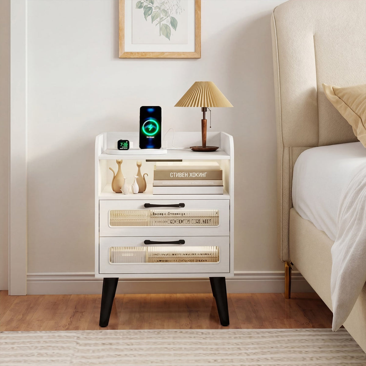 Mid Century Modern Nightstand with Charging Station and LED Lights-White-Nightstands-DECOROLALA