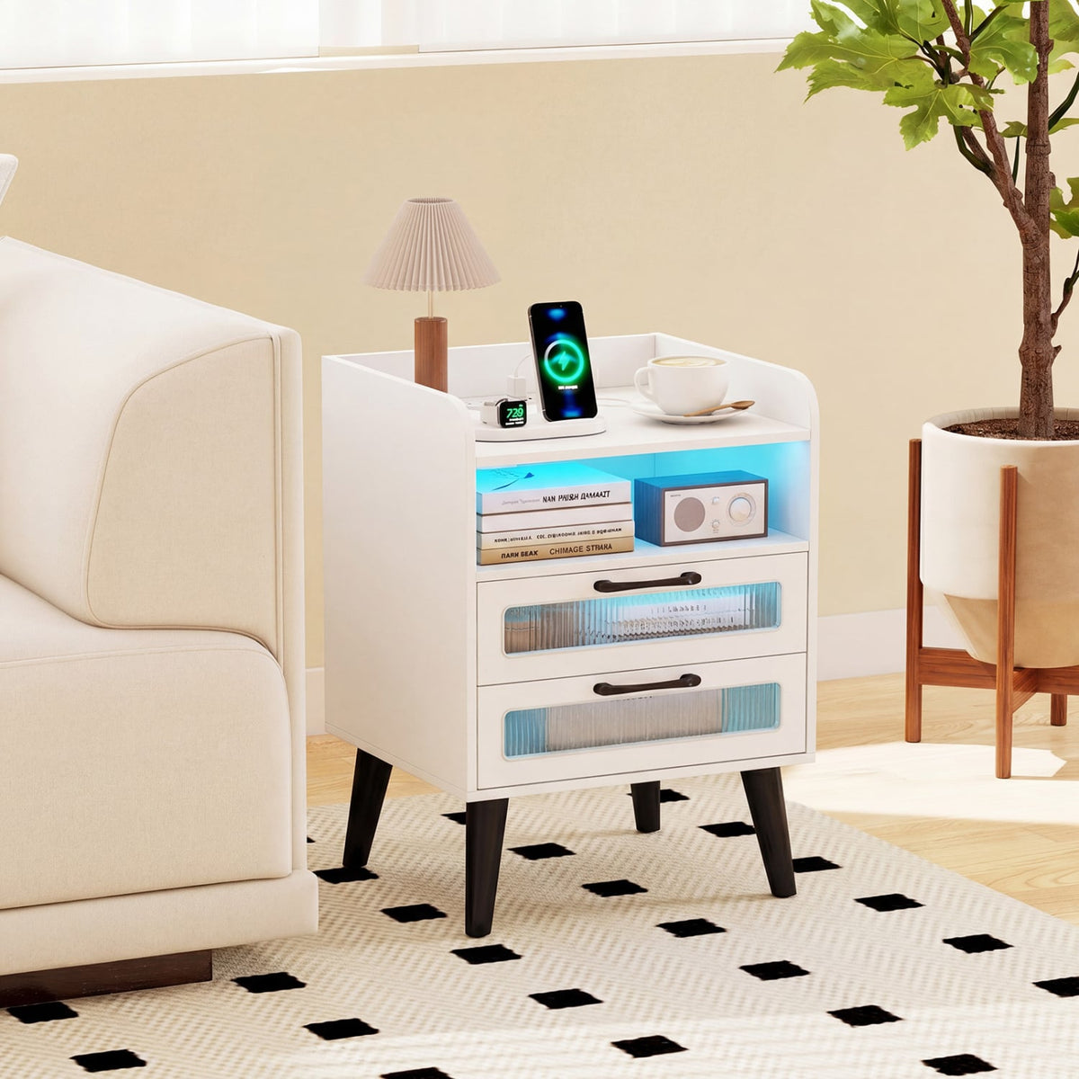 Mid Century Modern Nightstand with Charging Station and LED Lights-White-Nightstands-DECOROLALA