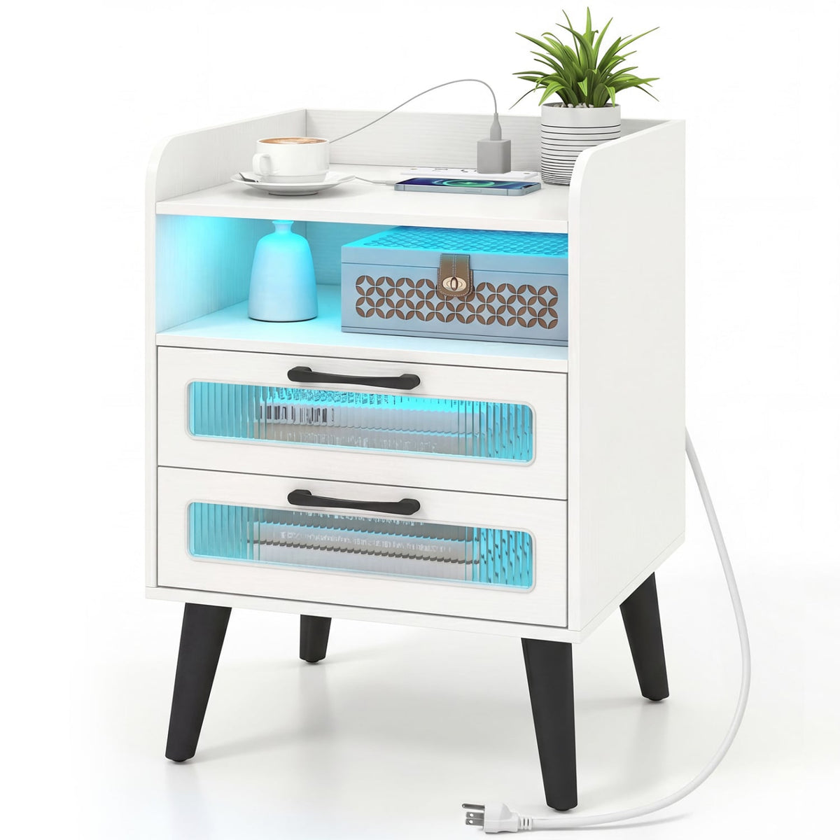Mid Century Modern Nightstand with Charging Station and LED Lights-White-Nightstands-DECOROLALA