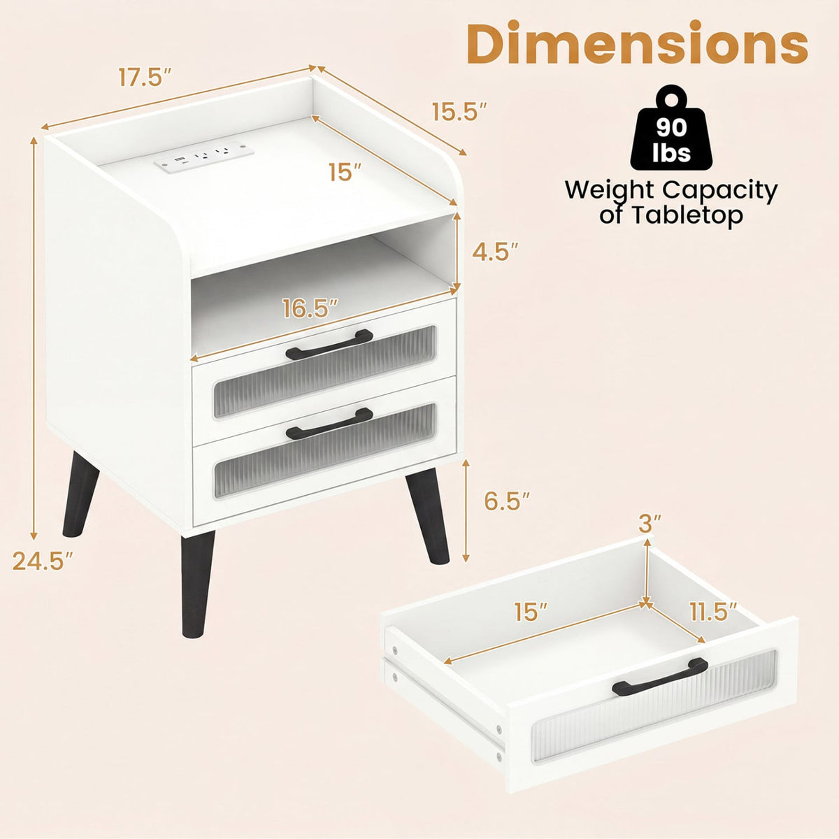 Mid Century Modern Nightstand with Charging Station and LED Lights-White-Nightstands-DECOROLALA