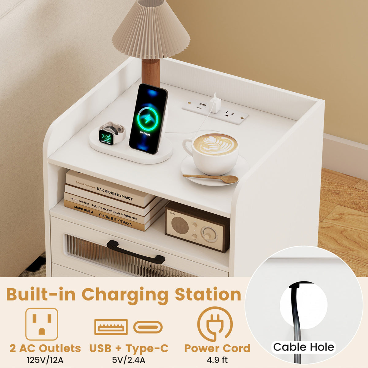 Mid Century Modern Nightstand with Charging Station and LED Lights-White-Nightstands-DECOROLALA