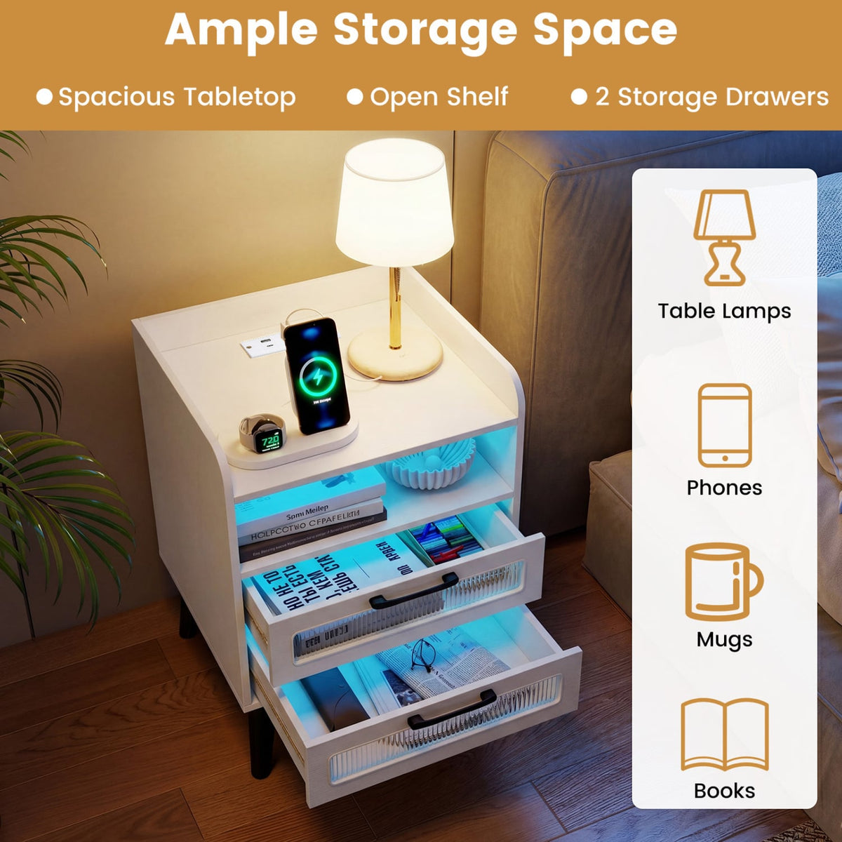 Mid Century Modern Nightstand with Charging Station and LED Lights-White-Nightstands-DECOROLALA