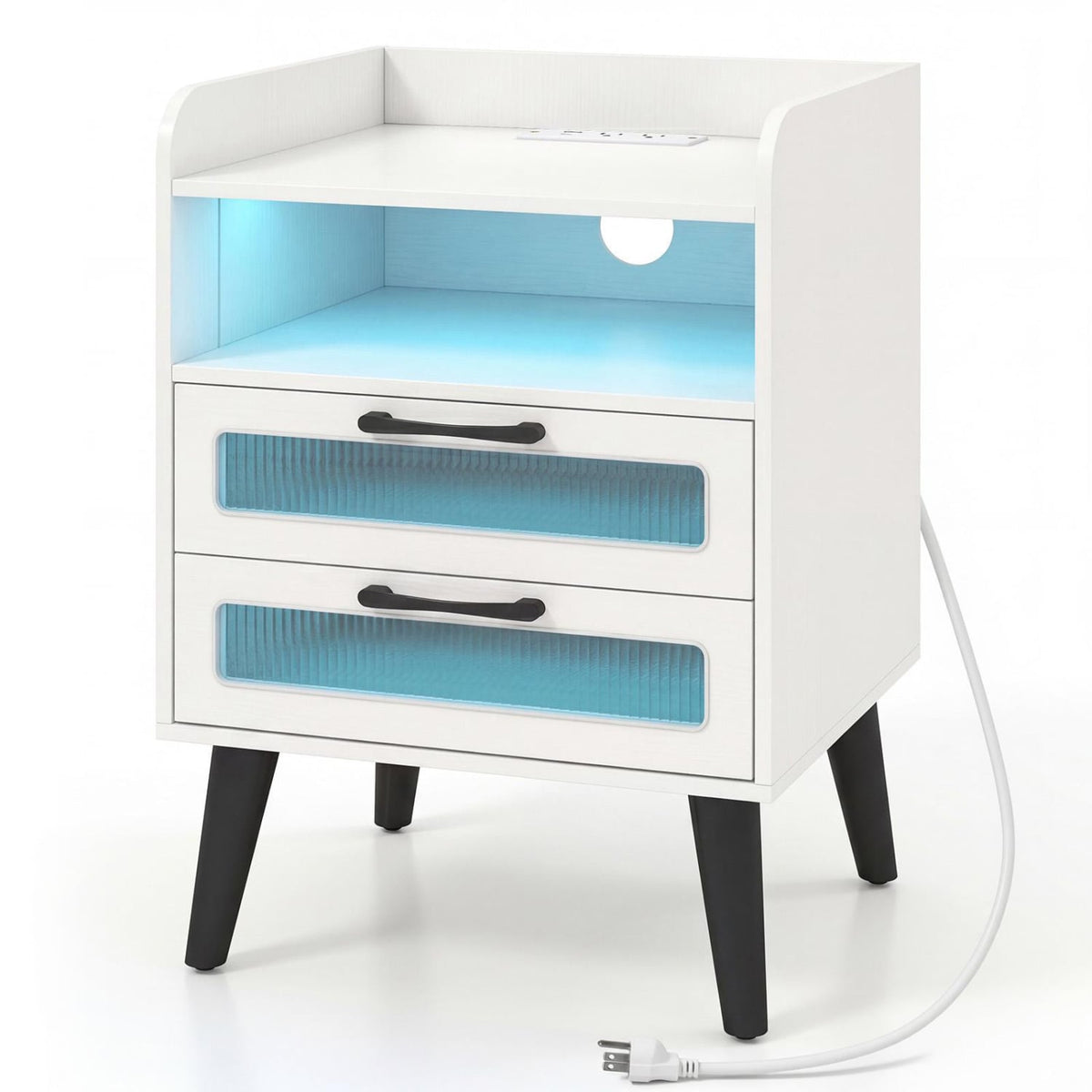 Mid Century Modern Nightstand with Charging Station and LED Lights-White-Nightstands-DECOROLALA