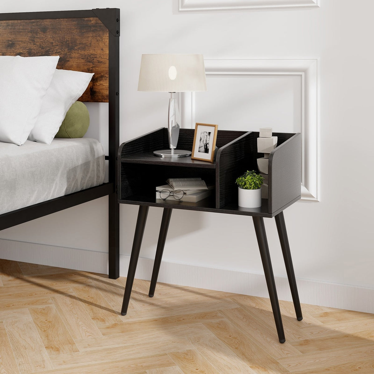 Mid Century Modern Nightstand with Open Shelves-Black-Nightstands-DECOROLALA