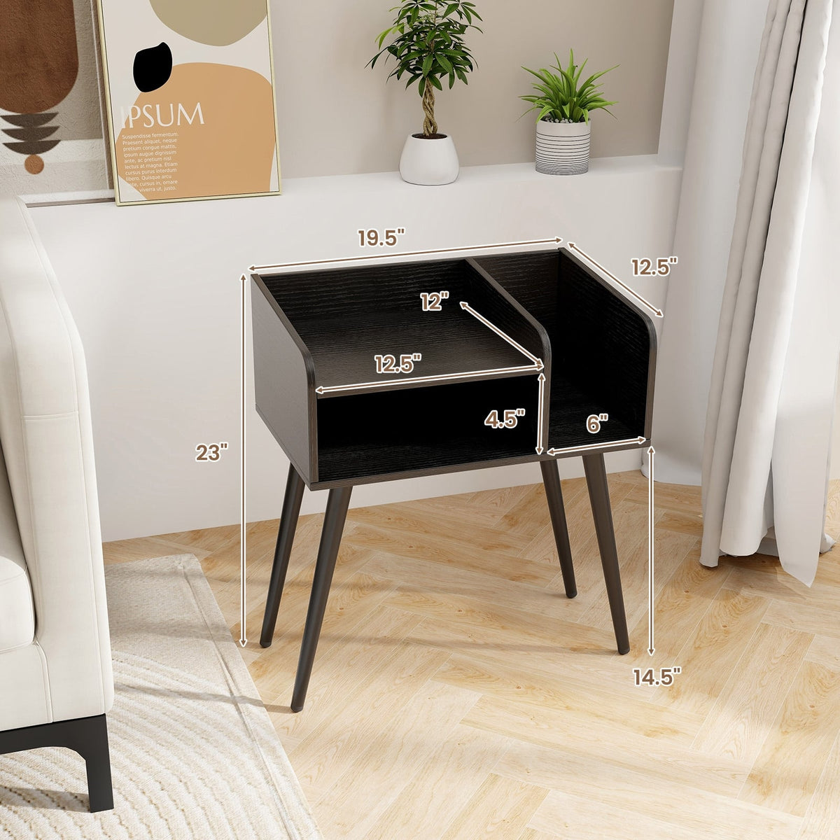 Mid Century Modern Nightstand with Open Shelves-Black-Nightstands-DECOROLALA