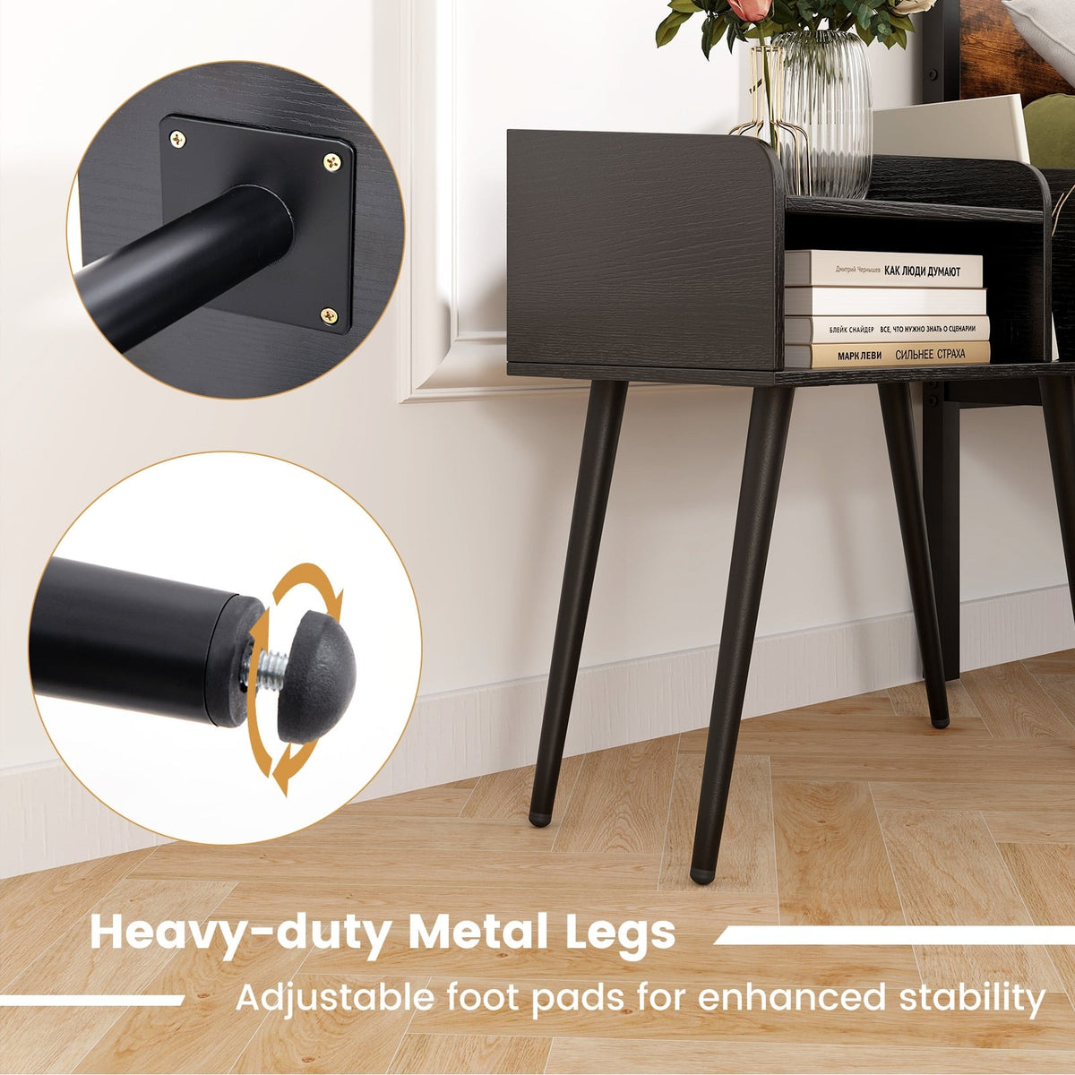 Mid Century Modern Nightstand with Open Shelves-Black-Nightstands-DECOROLALA