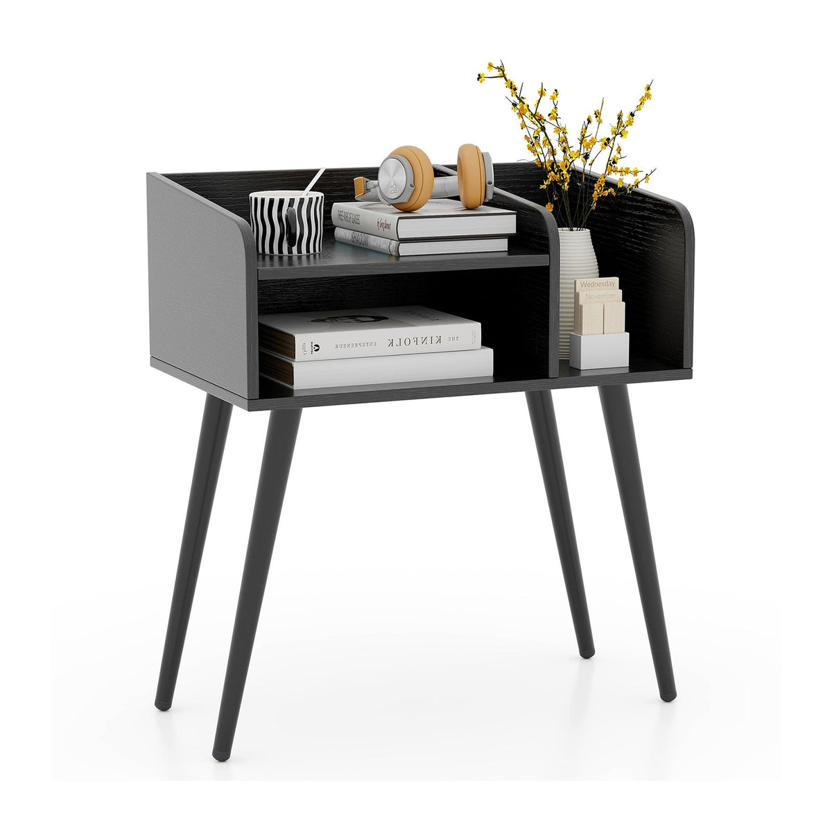 Mid Century Modern Nightstand with Open Shelves-Black-Nightstands-DECOROLALA