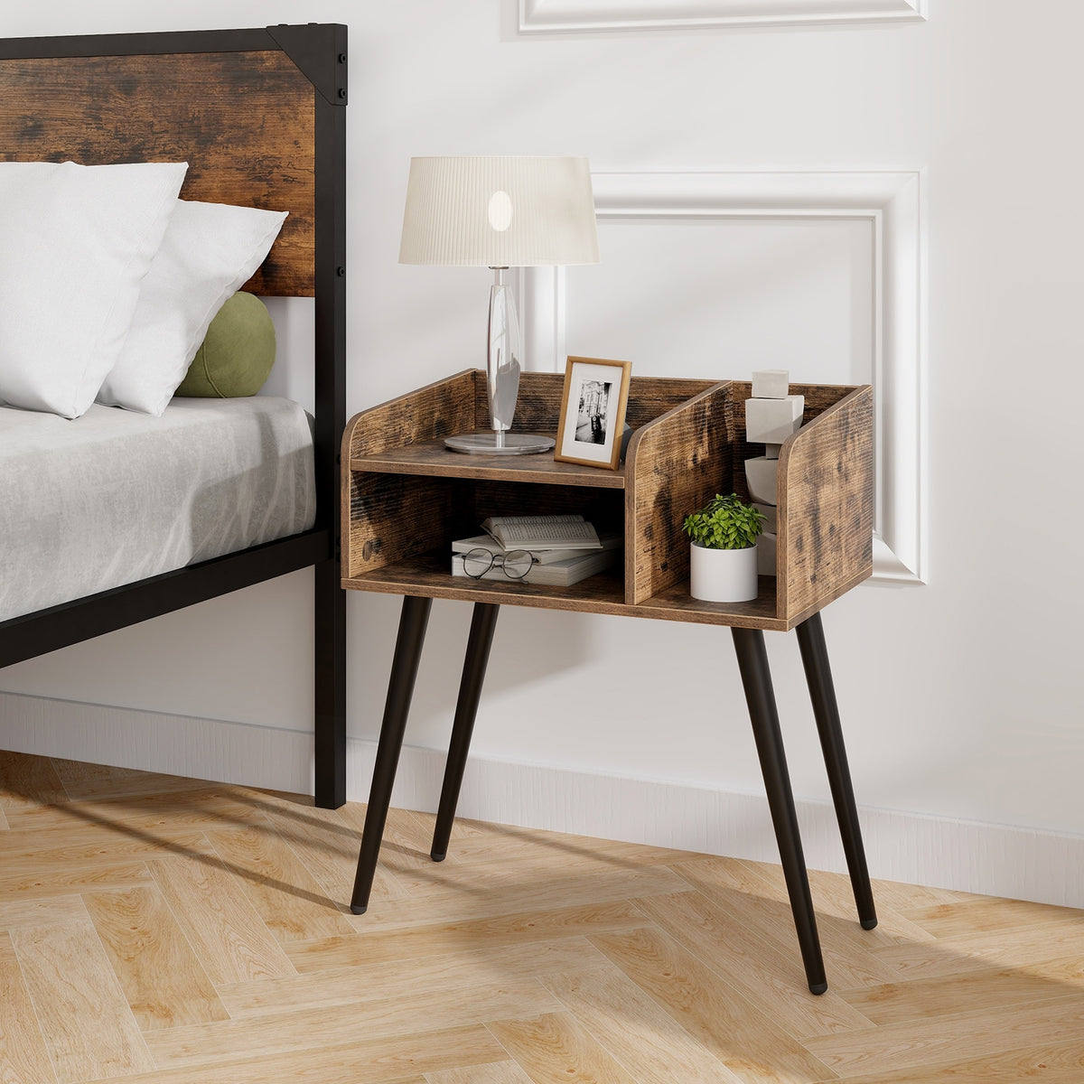 Mid Century Modern Nightstand with Open Shelves-Brown-Nightstands-DECOROLALA