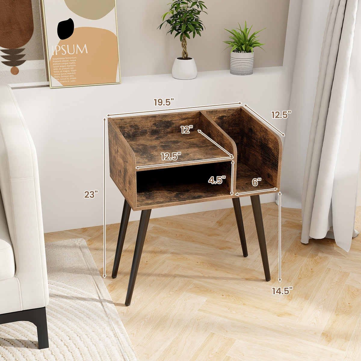 Mid Century Modern Nightstand with Open Shelves-Brown-Nightstands-DECOROLALA