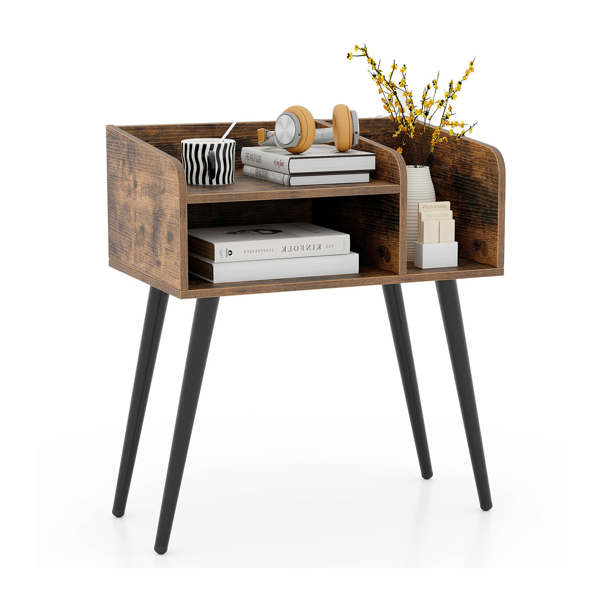 Mid Century Modern Nightstand with Open Shelves-Brown-Nightstands-DECOROLALA